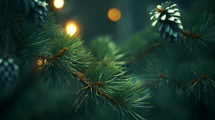 Fototapeta na wymiar Christmas tree branches with bokeh lights on blurred background