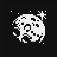 Moon, pixel icon abstract cyberpunk background. Sticker design. Video game sprite. Isolated vector illustration. Old school computer graphic style.