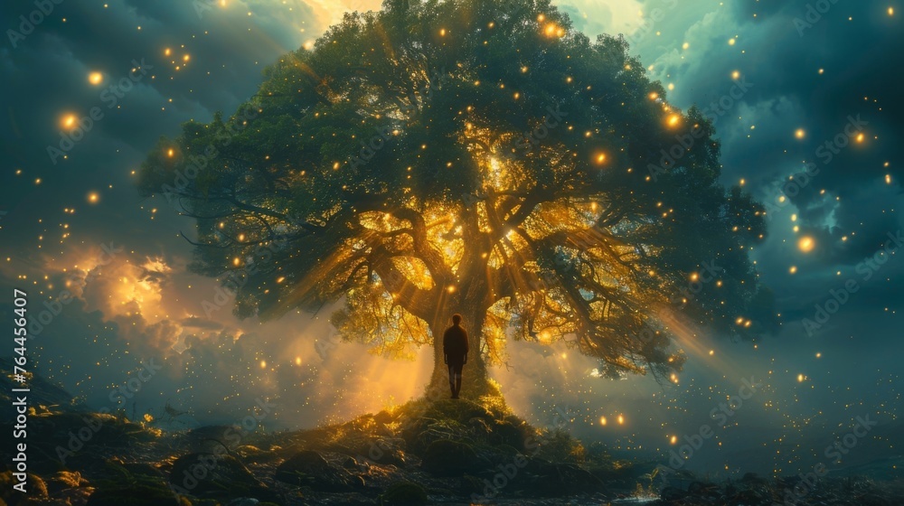 Poster a person standing at the base of the tree of life gazing up in wonder at its expansive branches and 