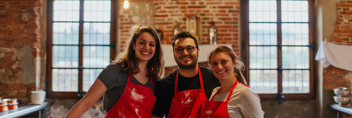 Joyful Chefs in Red Aprons in a Sunlit Brick Kitchen