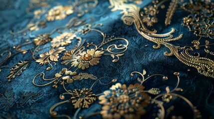 The background of the blue velvet has golden decorations and a textured design. - obrazy, fototapety, plakaty
