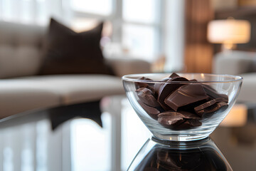 Chocolate bar in glass bowl in the living room. Background for world Chocolate Day.