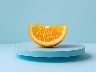 In a brightly lit, minimalist setting, a freshly cut orange half sits on a matte blue cutting board.