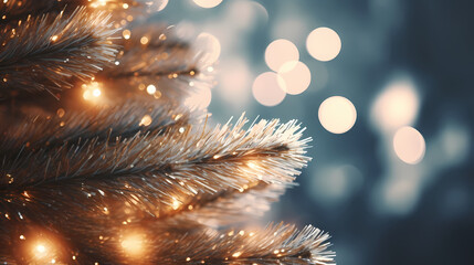 Christmas tree branches with bokeh lights on blurred background