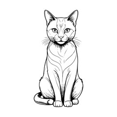 A black and white drawing showing the full body of a cat in stylized lines.