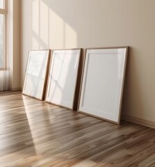 Fototapeta na wymiar Three Wooden Frame Mockup Set in a Room. Made with Generative AI Technology