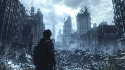 A lone survivor standing amidst the shattered cityscape their back turned to the ruins as they gaze at the devastation in front of them. - obrazy, fototapety, plakaty