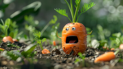 Surprised carrot character emerging from soil, cartoon animation of garden vegetables. - obrazy, fototapety, plakaty