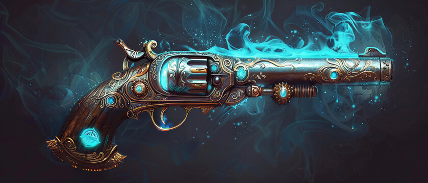 A classic flintlock pistol with mystical runes that glow when aimed In style of game item illustration.