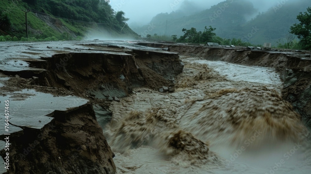 Poster the torrential rain pounds against the fragile earth causing it to crumble and collapse creating new