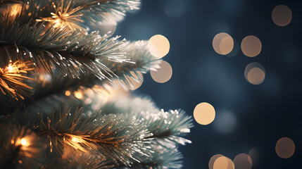 Obraz na płótnie Canvas Christmas tree branches with bokeh lights on blurred background