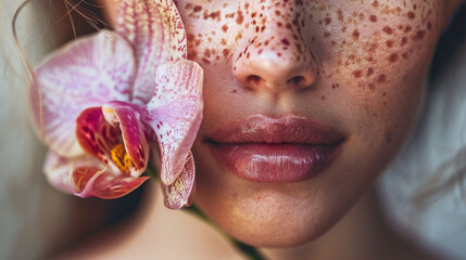 Close-up of a woman with a vibrant orchid blooming from her mouth.