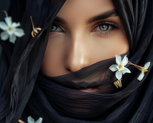 Middle Eastern woman with a jasmine flower cascading from her lips.