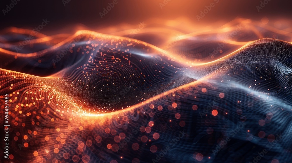 Poster a visualization of sound waves moving through space forming intricate patterns and shapes while blen