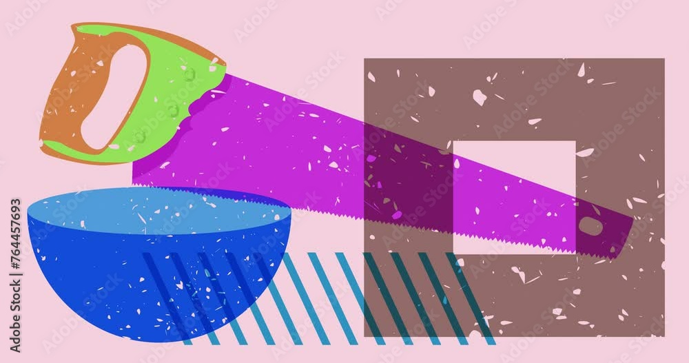 Poster risograph hand saw with geometric shapes animation. moving object in trendy riso graph design video.