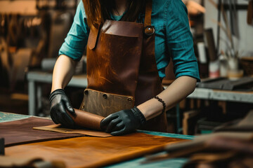 Fototapeta na wymiar Craftswoman creating leather product in workshop wearing apron and gloves