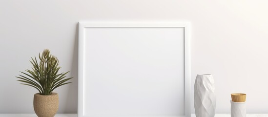 A mockup of a blank white photo frame standing on a table with a plant in a vase next to another vase