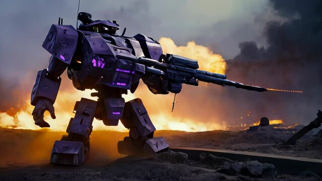 Giant purple mecha robot marching through a battlefield.
