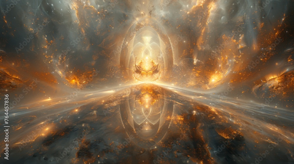Poster a complex interlacing of sparkling lines and shapes illustrating the fundamental principle of cosmic