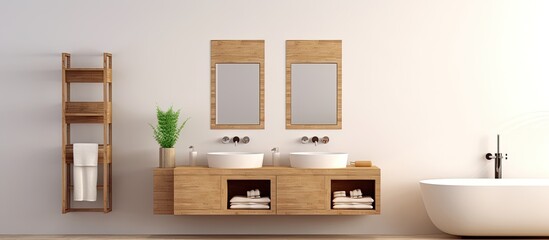 A modern bathroom featuring a white sink with a sleek faucet and two rectangular mirrors mounted on the wall