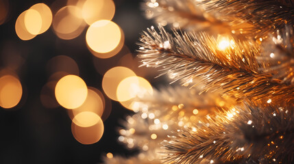 Christmas tree branches with bokeh lights on blurred background