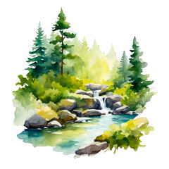 Naklejka premium Mountain stream river flowing, with dense forest, waterfall scene, watercolor cute vector illustration, nature landscape on white background clipart, vibrant landscape, peaceful travel, presentation