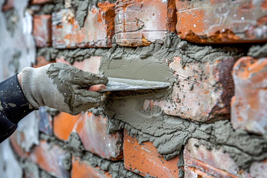 A detailed image of a home repair, showcasing a mason applying mortar on bricks with a trowel.
