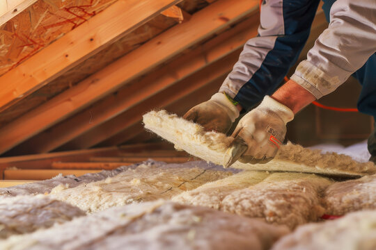A detailed image of a home repair, showcasing a worker installing insulation in an attic.