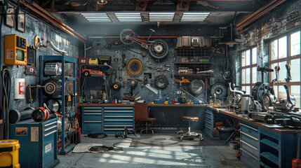 Fototapeta na wymiar Garage Interior, Interior Garage Scene with Mechanic Tools