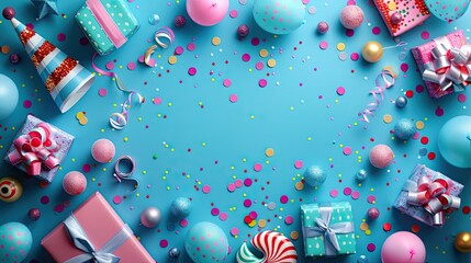 birthday party banner or backdrop featuring vibrant balloons presents party hats confetti candies and streamers presented in a flat lay style with ample space for personalized greeting text 