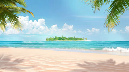 Sandy Tropical Beach with Island Background: Coastal Paradise Scene - obrazy, fototapety, plakaty