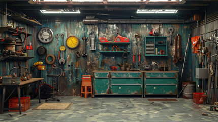 Garage Interior,  Interior Garage Scene with Mechanic Tools