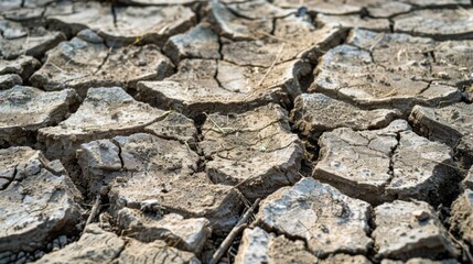 A barren landscape with cracked and dried up ground symbolizing the effects of droughts caused by rising temperatures.