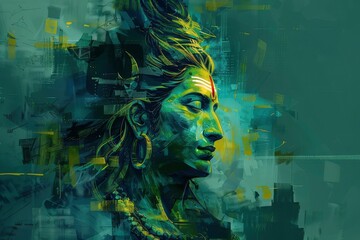 Majestic portrait of Lord Shiva, skin in ethereal blue, serpents entwined around the neck, adorned with a crescent moon on the head. The sacred river Ganges flowing from the hair,  generative ai