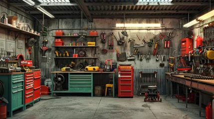 Cercles muraux Moto Garage Interior,  Interior Garage Scene with Mechanic Tools