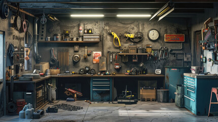 Garage Interior,  Interior Garage Scene with Mechanic Tools - obrazy, fototapety, plakaty