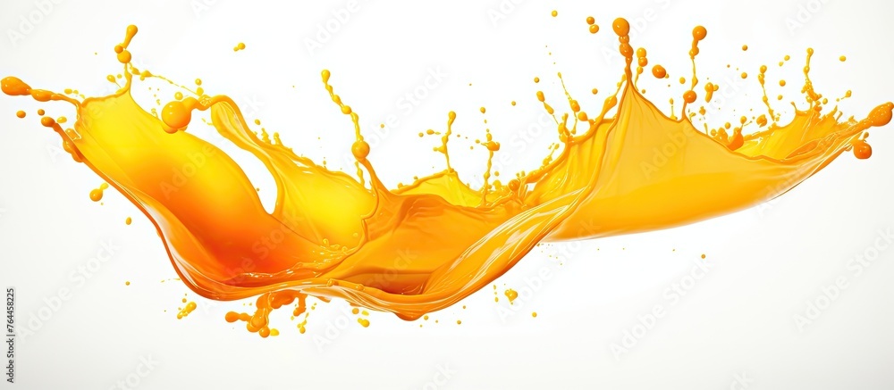 Poster this stock image features a close-up view of a vibrant splash of orange juice on a clean white backg