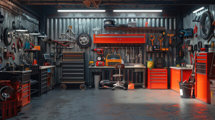 Fototapeta premium Garage Interior, Interior Garage Scene with Mechanic Tools