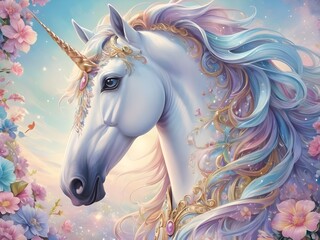 Obraz na płótnie Canvas Whimsically enchanting unicorn, every stroke brims with magic and wonder: its mane cascading in shimmering pastel hues, its horn gleaming with an ethereal glow Generative AI