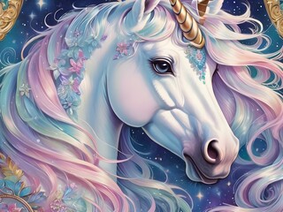 Whimsically enchanting unicorn, every stroke brims with magic and wonder: its mane cascading in shimmering pastel hues, its horn gleaming with an ethereal glow Generative AI