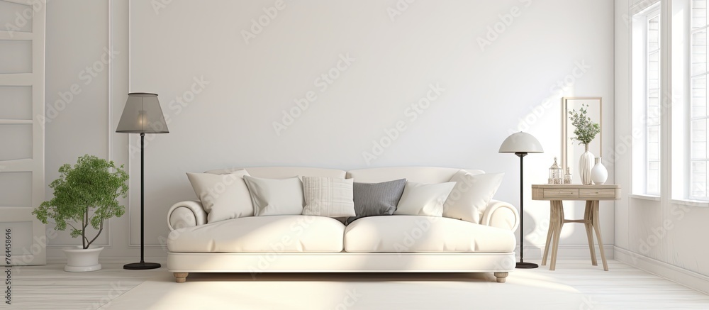 Aufkleber a simple and elegant setup featuring a white couch placed in a well-lit room, accompanied by a table