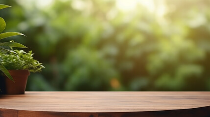 Fototapeta premium wooden table background with blur window see through