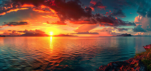 Fototapeta premium Sea Sunset Panorama: Tranquil Ocean Horizon 