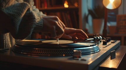 Vintage Vinyl The Art of Music Revival Nostalgic Hands Placing Record on Turntable