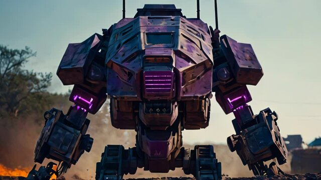 Giant purple mecha robot marching through a battlefield.
