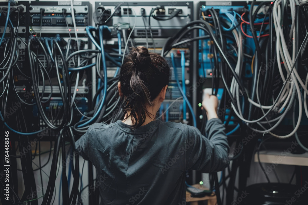 Poster a person standing and organizing cables at a computer workstation.