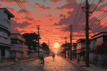 Anime-style twilight over a quiet town, with a lone cyclist on the road.