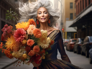 The same striking woman, carrying an armful of flowers, poses with a touch of whimsy. Generative AI.
