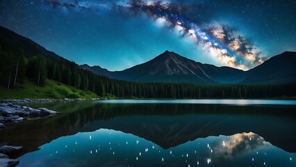 A serene lake reflects a majestic mountain under a starlit sky, showcasing nature’s tranquil beauty