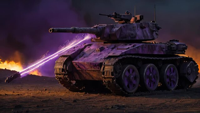 Giant purple mecha robot marching through a battlefield.
